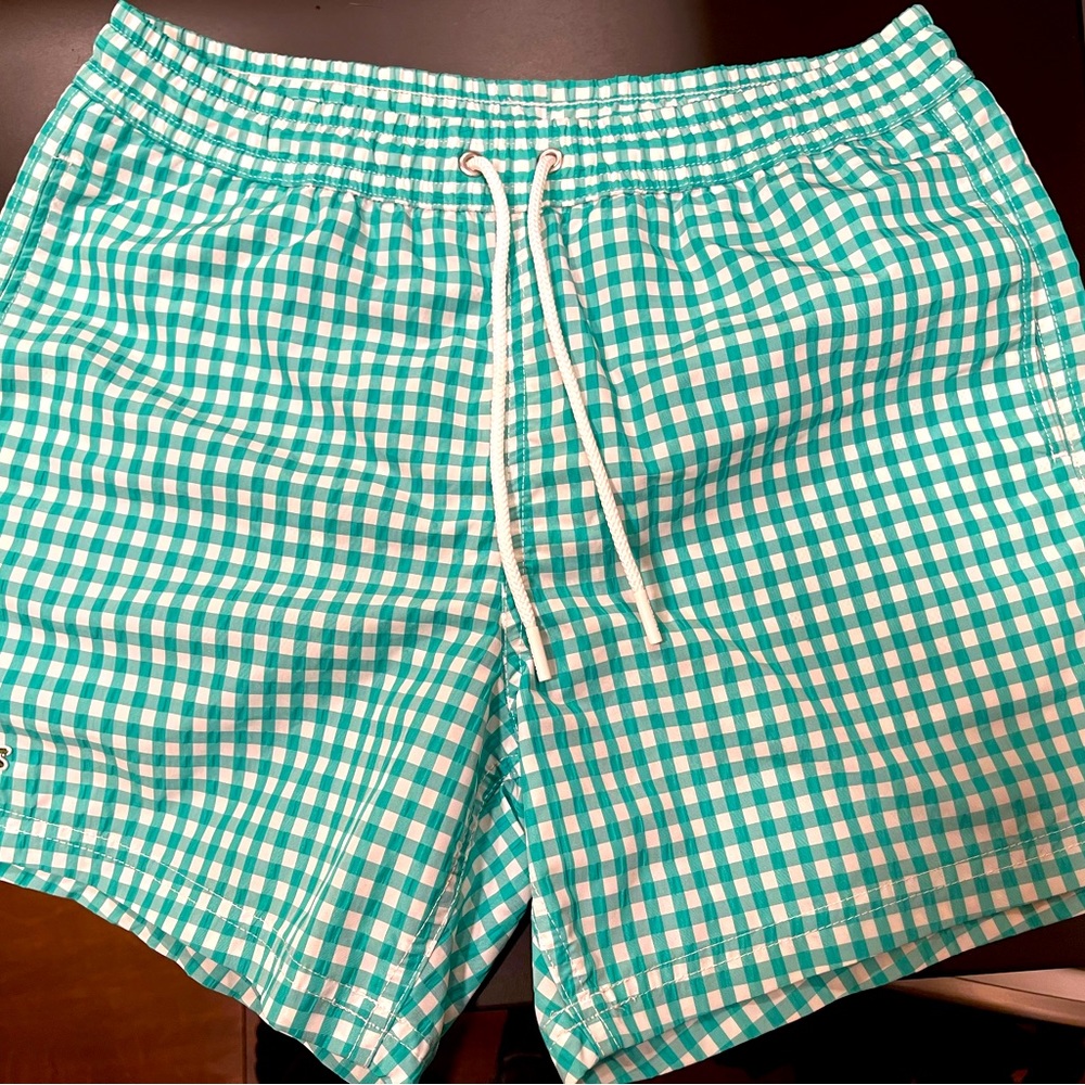 Lacoste Men’s swim trunks, green gingham, size small